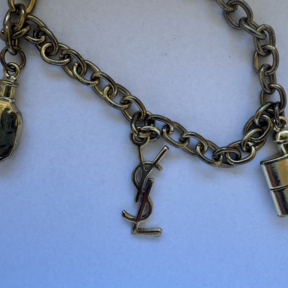 YSL Yves Saint Laurent  Vintage 3 Charms Gold Tone Bracelet with Iconic Logo - Picture 3 of 6